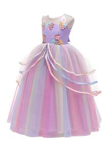 女童彩色分層薄紗緞面舞會洋裝裙,適合校園表演 - 紫色 - 查看 3