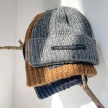 1入黑色寬邊針織帽，修飾臉型，適用於秋冬季節；灰色厚針織帽，毛茸茸的內裡適合寒冷天氣和休閒穿著。 - 黑色 - 查看 4