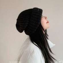 1入黑色寬邊針織帽，修飾臉型，適用於秋冬季節；灰色厚針織帽，毛茸茸的內裡適合寒冷天氣和休閒穿著。 - 黑色 - 查看 5