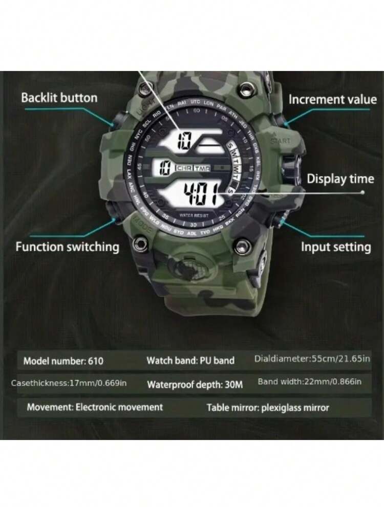 Reloj digital de uso rudo sumergible para caballero, con luz Camuflaje Varios colores - Óxido marrón - Añade 4