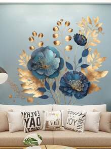 1pc Blue Petal & Golden Flower Decorative Wallpaper, Suitable For Living Room Wall, Glass, PVC Material