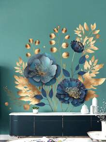 1pc Blue Petal & Golden Flower Decorative Wallpaper, Suitable For Living Room Wall, Glass, PVC Material