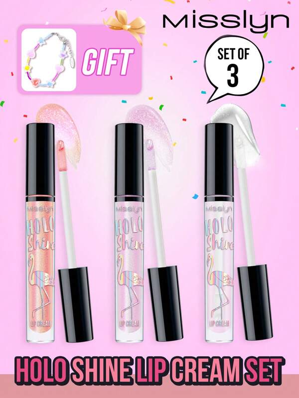 MissIyn 3Pcs, HOLO SHINE LIP CREAM, Lip Gloss, Water Gloss Lip Glaze