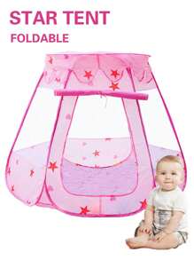 1個可摺疊粉色星紋兒童帳篷玩具遊戲屋,內外皆可使用的公主遊樂屋,適合3-12歲女孩,附爬行球池 - 粉色 - 查看 1