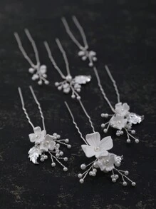 6pcs Handmade Polymer Clay Flowers With Silver Leaves & Faux Pearls, Casual & Fashionable Hairpin/Tiara Set For Women & Brides Boho