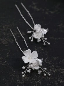 6pcs Handmade Polymer Clay Flowers With Silver Leaves & Faux Pearls, Casual & Fashionable Hairpin/Tiara Set For Women & Brides Boho
