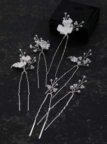 6pcs Handmade Polymer Clay Flowers With Silver Leaves & Faux Pearls, Casual & Fashionable Hairpin/Tiara Set For Women & Brides Boho