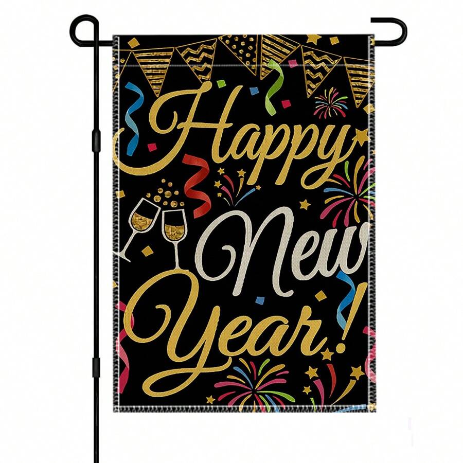 1入組“新年快樂”口號圖案花園旗幟,現代農舍風格imitation亞麻矩形雙面加強針車縫迎接戶外冬季假日農舍庭院裝飾橫幅 - 彩色 - 查看 1