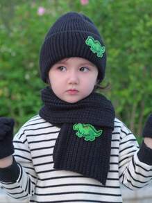 1套幼兒男童針織帽子和圍巾套裝,綠色恐龍卡通毛線帽圍巾組合 - 黑色 - 查看 7