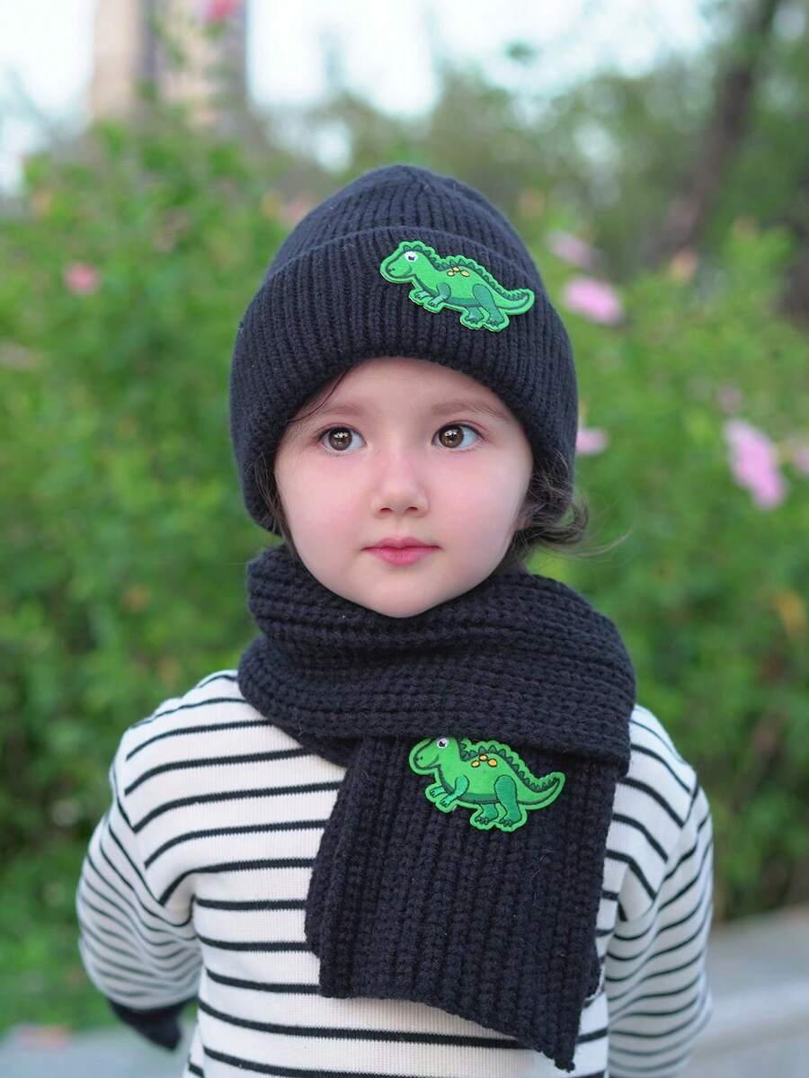 1套幼兒男童針織帽子和圍巾套裝,綠色恐龍卡通毛線帽圍巾組合