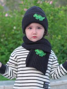 1套幼兒男童針織帽子和圍巾套裝,綠色恐龍卡通毛線帽圍巾組合 - 黑色 - 查看 6