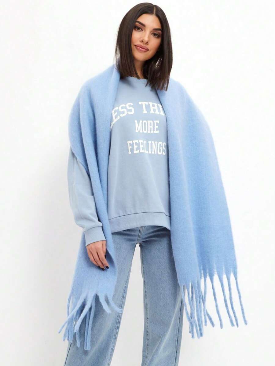 1 件女士純色淺藍色人造羊絨毛毛絨厚圍巾披肩冬季節日禮物 - 淺藍色 - 查看 1