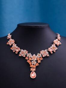 1set Champagne Rhinestone Bride Tiara Necklace Earrings Wedding Headpiece Set For Prom Party - Champagne - View 3