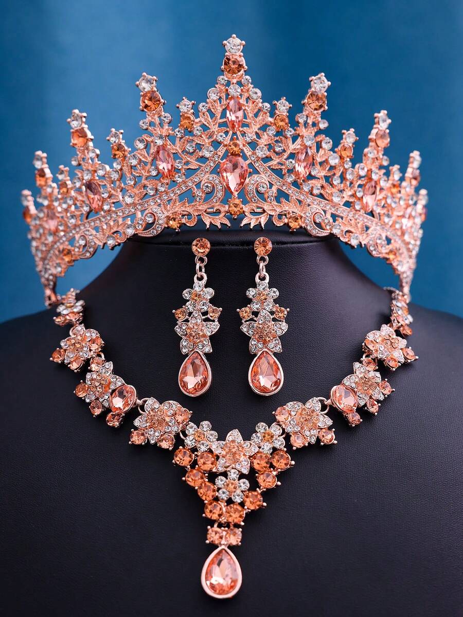 1set Champagne Rhinestone Bride Tiara Necklace Earrings Wedding Headpiece Set For Prom Party - Champagne - View 1
