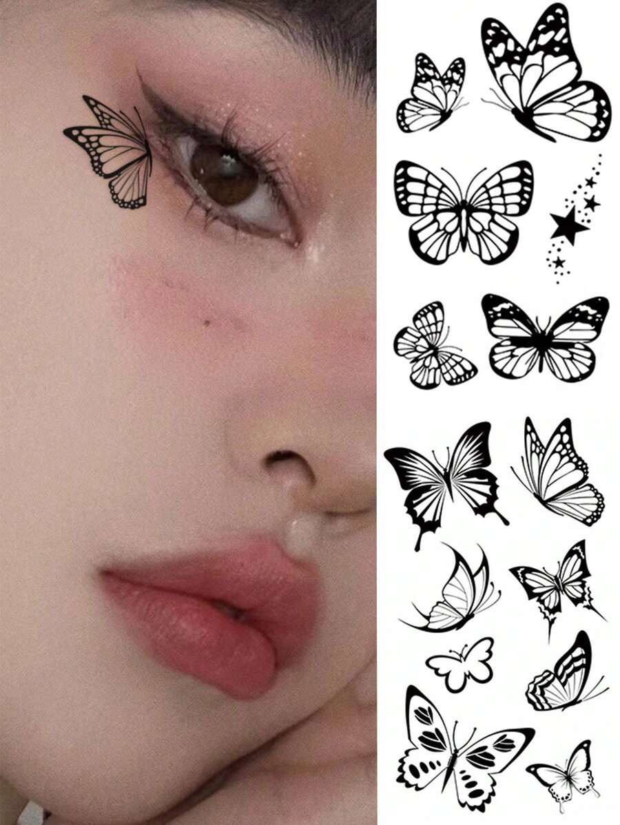 2入組黑色蝴蝶圖案臨時面部、身體、手指、手腕紋身貼紙 - 黑色 - 查看 1