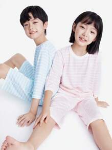 Annil Boys And Girls' Spring And Autumn Striped Modal Home Furnishing Two Piece Set - Pink - View 1