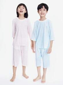 Annil Boys And Girls' Spring And Autumn Striped Modal Home Furnishing Two Piece Set - Pink - View 2