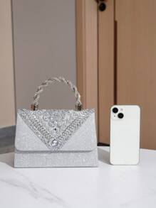 閃閃發光的鑽石細節女士迷你晚禮服手拿包,配鍊帶 - 銀色 - 查看 3