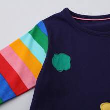 Girls' Rainbow Stripe Dress With Pencil Case Pattern, Casual Round Neck And Pocket Design