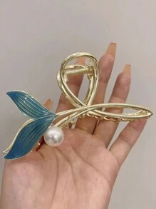 1pc Large Alloy Hair Claw With Pearl Fish Tail Cutout Design, Suitable For Daily Use - Blue - View 2