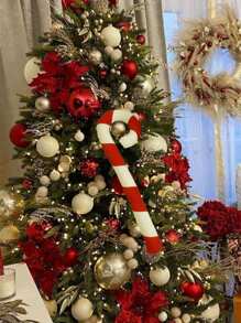 1pc Santa Claus Candy Cane Shaped Pillow (with Pillow Core) - Red and White - View 4