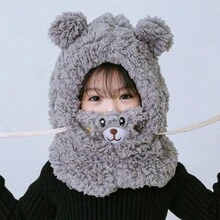 1pc Unisex Cute Bear Ear Protection Hat With Mouth Muffle & Scarf Design, Thick Warm Winter Hat For Baby, Suitable For Daily Wear - Grey - View 4