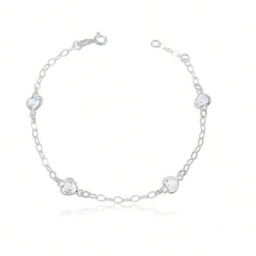 Pulseira Prata 925 Coração Pedrinhas Zircônia Cristal - Transparente - Visão 1