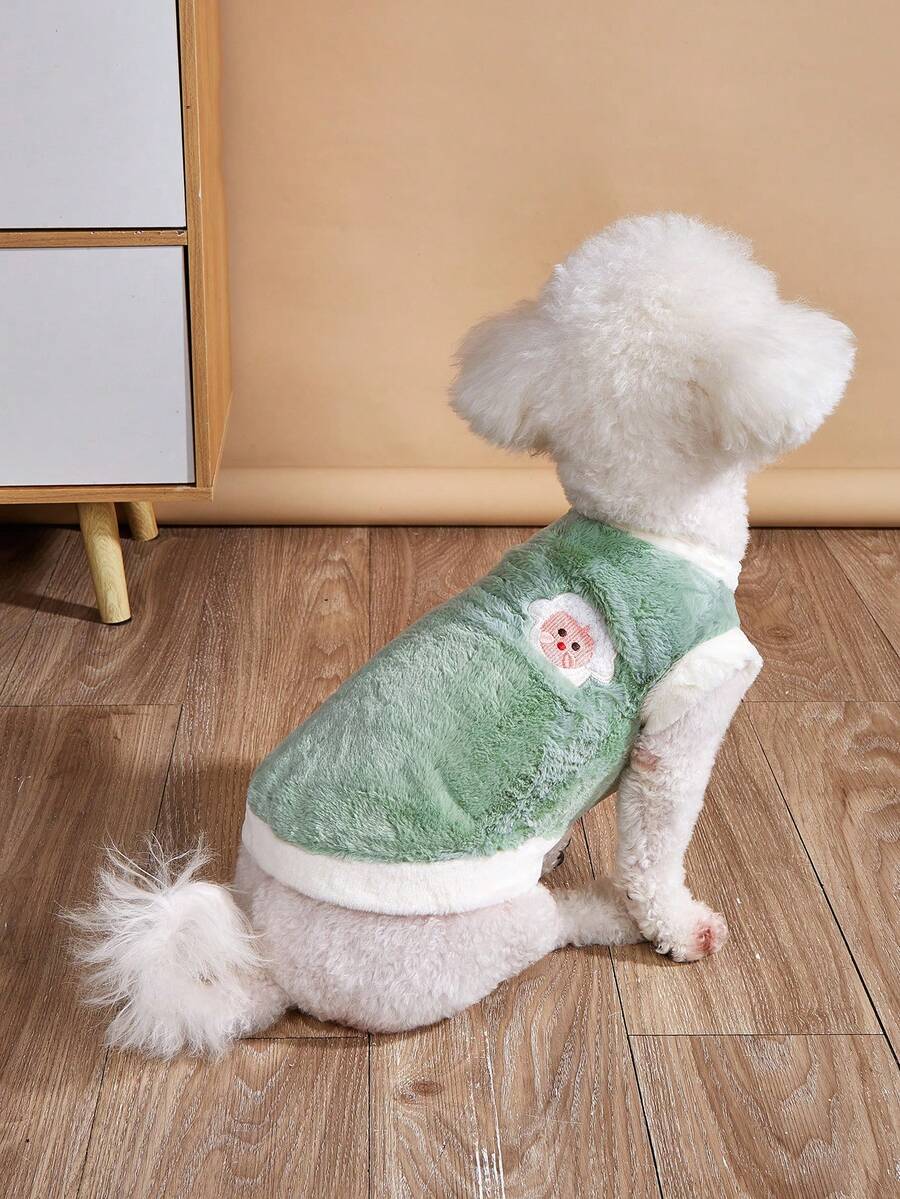 1 件卡通印花宠物连帽衫，带厚保暖衬里，适合猫狗的冬季服装 - 綠色 - 查看 1