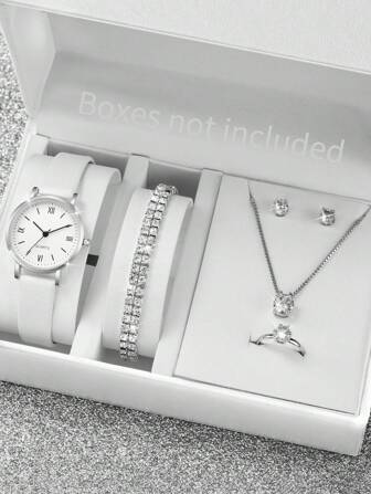 女士 PU 皮带时尚罗马数字小表盘石英腕表和珠宝套装（6 件/套）节日礼物，适合返校学生