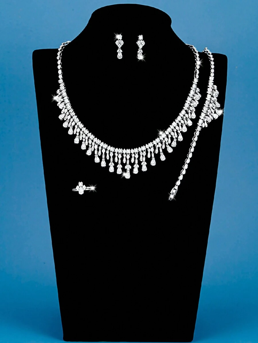 DV JEWELRY 5入組人工鋯石白色鍍金豪華珠寶套裝,包括項鍊、手鏈、耳環、開放式戒指,具有禮品盒包裝,非常適合約會、派對、紀念卡