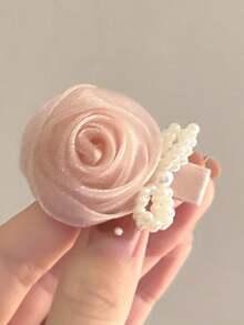 1 件网状玫瑰和人造珍珠串珠蝴蝶结发夹，极具吸引力的森系鳄鱼发夹，适合外出和精致的派对礼服配饰 - 粉色 - 查看 2