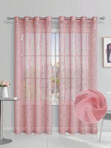 1 Pieza Cortina Rosa Transparente Con Relieve Plateado Moderno De Poliéster, Ideal Para Separación De La Habitación Y La Sala De Estar, Con Líneas Decorativas