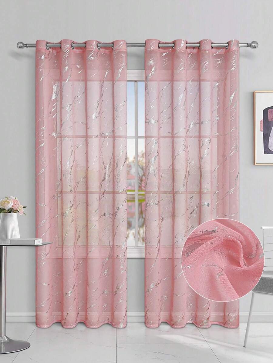 1 Pieza Cortina Rosa Transparente Con Relieve Plateado Moderno De Poliéster, Ideal Para Separación De La Habitación Y La Sala De Estar, Con Líneas Decorativas