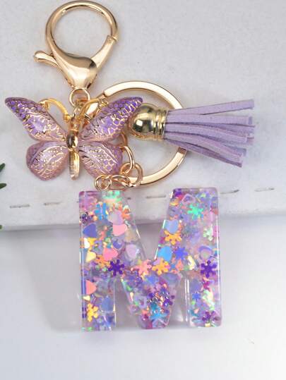 Elegant 1pc Initial Letter English Alphabet Keychain With Snowflake & Butterfly Tassel Ornament For Ladies' Handbag Decoration Gift Valentine's Day School