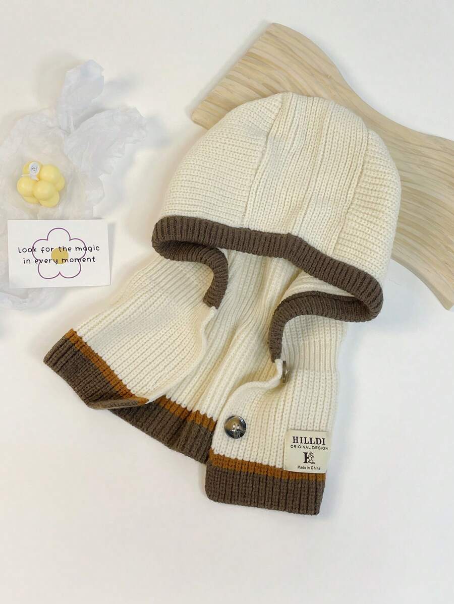 1pc Ladies' Autumn And Winter Knit Buttoned Cap & Scarf Set, Windproof Warm Fashionable Knit Hat - White - View 1