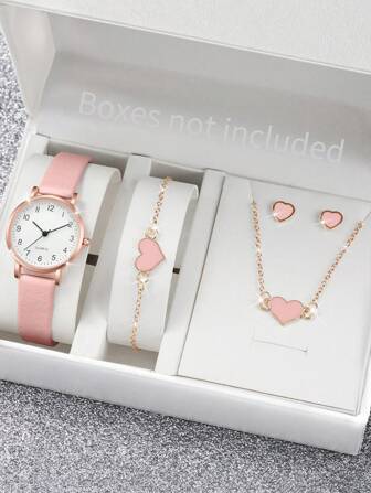 女士皮帶時尚簡約數字表盤石英手表+珠寶套裝(5件套)
