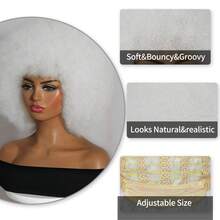 万圣节假发 柔软非洲发型 70 年代女士假发 非洲卷发假发，带刘海，看起来自然的短非洲卷发假发，适合男士的弹性白色非洲蓬松假发 合成头发 大非洲假发，适合日常派对 角色扮演 节日 圣诞节装饰 编织假发