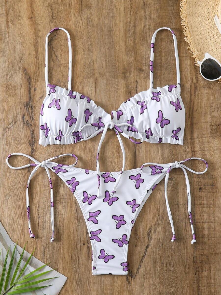 Bộ bikini in hình bướm lãng mạn và gợi cảm dành cho nữ, tách biệt mùa hè - Màu tím hoa cà - Xem 1