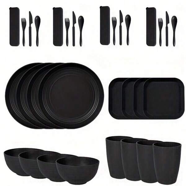 32pcs Wheat Straw Cutlery Set, Unbreakable Microwave Safe Plates And