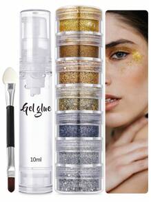3 Pieces Set (7-Color Glitter Powder + 1 Bottle Of Gel + 1 Brush) Glitter Powder For Makeup On Body, Hair, Face, Eyes, Lips, Nails. DIY Glitter Accessory For Parties, Music Festivals, Beauty Revelries. - 7 layer suit H - View 2