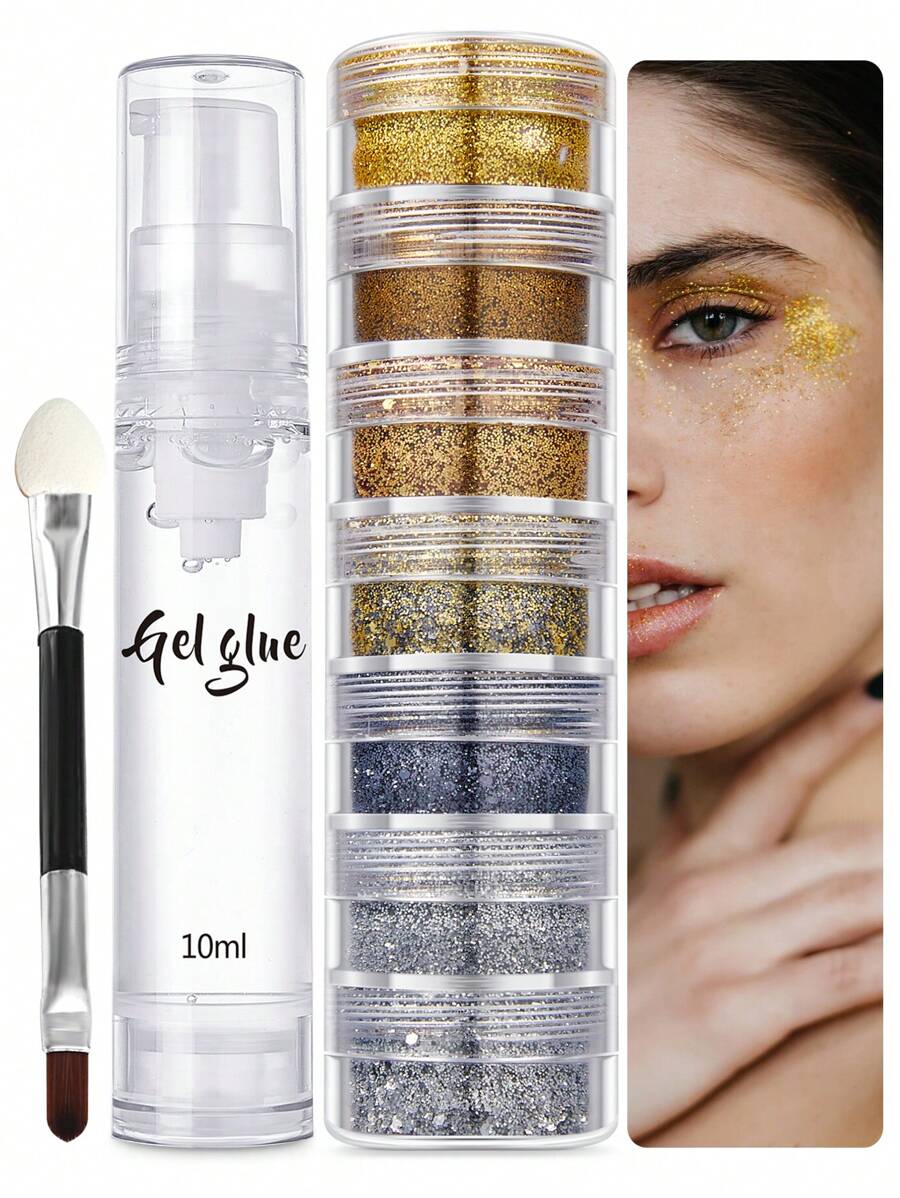 3 Pieces Set (7-Color Glitter Powder + 1 Bottle Of Gel + 1 Brush) Glitter Powder For Makeup On Body, Hair, Face, Eyes, Lips, Nails. DIY Glitter Accessory For Parties, Music Festivals, Beauty Revelries.