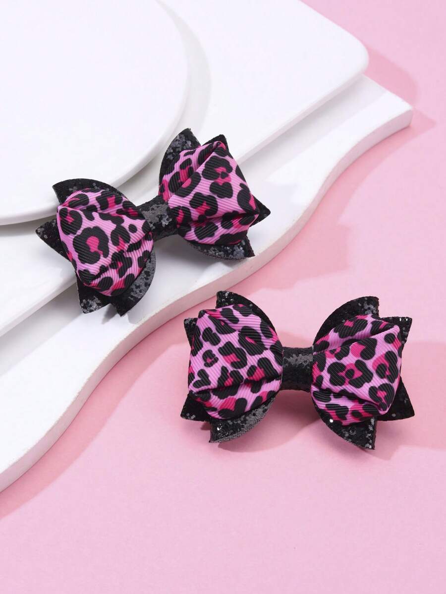 2 件/包粉紅豹紋蝴蝶結女孩髮夾、兒童髮飾
