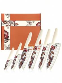 Marco Almond MA68 12-Piece Kitchen Knives Set, Colorful And Fashionable Coated Stainless Steel Knives With White Blade Guards, 6 Knives With 6 Knives Sheath