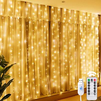 LED 窗帘灯串，8 种照明模式，带遥控仙女灯，USB 供电防水，适用于圣诞节、婚礼、派对、家庭、花园、卧室、墙壁装饰