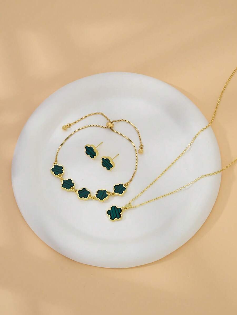 4入組簡約清新五瓣花設計銅頸鍊、耳環、手鍊套裝,女性款式,適合約會、婚禮、畢業禮物