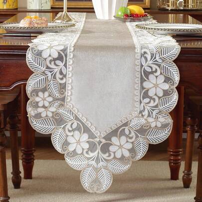 1 件 100% 涤纶面料精致 3D 刺绣蕾丝花边家居装饰、橱柜围巾、厨房餐桌旗、餐垫、室内外节日装饰、野餐、派对、婚礼系列桌旗