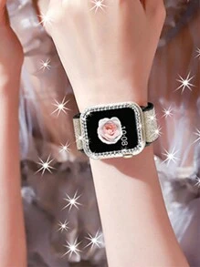 2 pièces Étui de protection pour montre en bijoux de luxe brillant avec strass et bracelet de sport en nylon tressé ajustable et respirant, convient pour Séries 10/9/8/7/6/5/4/3/2/1, 38 mm 40 mm 41 mm 42 mm 44 mm 45 mm, accessoires de montre anticolision brillants et pour femmes - Doré - Voir 4