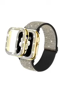 2 pièces Étui de protection pour montre en bijoux de luxe brillant avec strass et bracelet de sport en nylon tressé ajustable et respirant, convient pour Séries 10/9/8/7/6/5/4/3/2/1, 38 mm 40 mm 41 mm 42 mm 44 mm 45 mm, accessoires de montre anticolision brillants et pour femmes - Doré - Voir 1