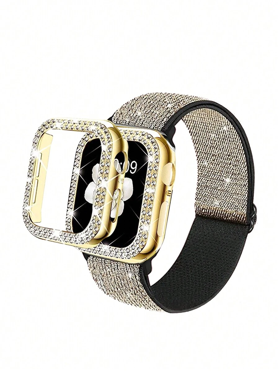 2 pièces Étui de protection pour montre en bijoux de luxe brillant avec strass et bracelet de sport en nylon tressé ajustable et respirant, convient pour Séries 10/9/8/7/6/5/4/3/2/1, 38 mm 40 mm 41 mm 42 mm 44 mm 45 mm, accessoires de montre anticolision brillants et pour femmes - Doré - Voir 1