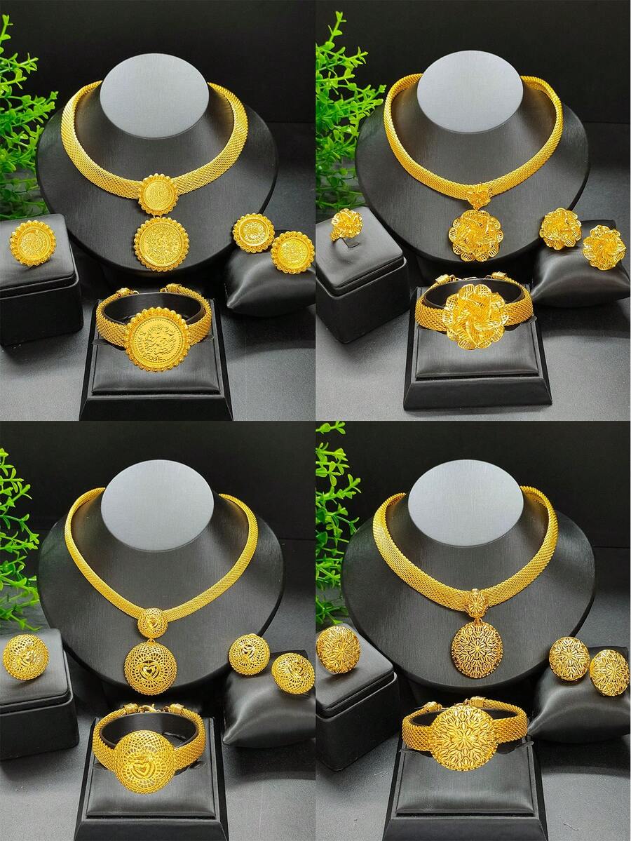 1 Miếng Dây thừng Vòng cổ mặt dây chuyền , 1 Miếng Vòng tay , 1 đôi Hoa tai , 1 Miếng Bộ nhẫn Đối với phụ nữ , MẠ Với Vàng 24K , Người châu Phi Dubai Đám cưới cô dâu Buổi tiệc Bộ trang sức , Bao gồm Dây chuyền , Hoa tai , Vòng tay , Nhẫn , Lý tưởng Đối với Sinh nhật Và Lễ hội Món quà Đối với Mẹ , Bạn gái Và , Hợp kim Chất liệu - Vàng - Xem 1